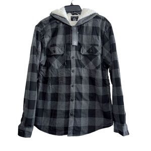 NWT Distortion Grey Buffalo Plaid Sherpa Lined Hooded Flannel Shacket Medium